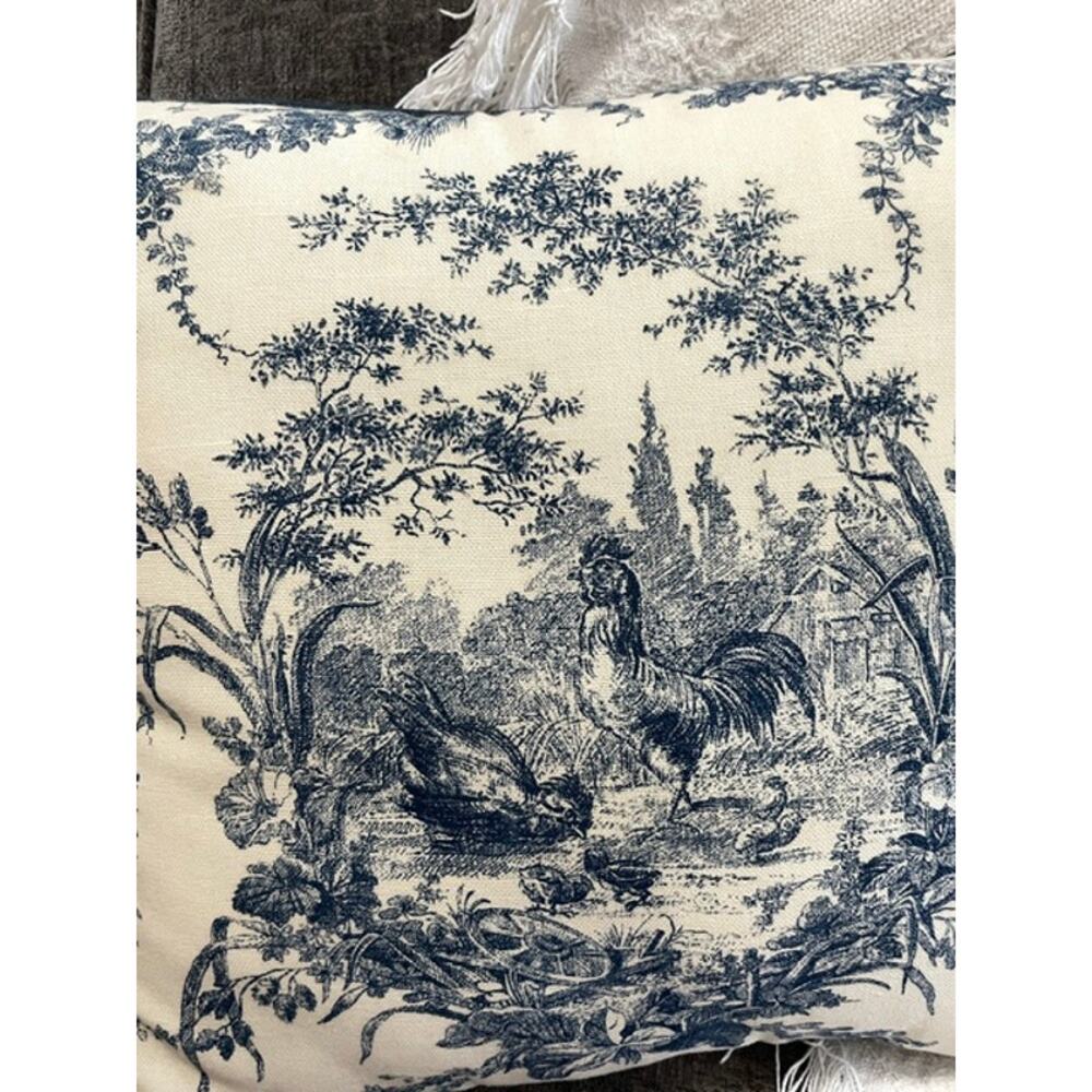 French Country Toile Rooster Farmhouse Accent Pillow Blue White 15x15 Cotton - Picture 3 of 7
